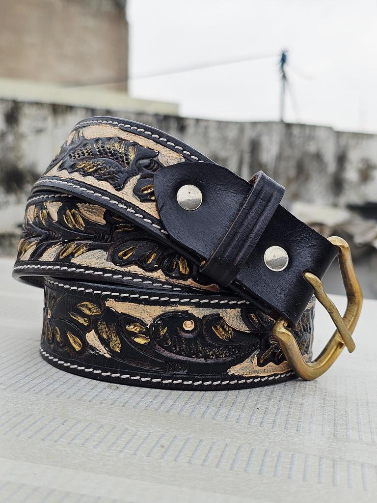 Hand Tooled Black Leather Cowboy Belt – Floral Carved Western Rodeo Belt – Full Grain Handmade Ranch Men’s Outfit