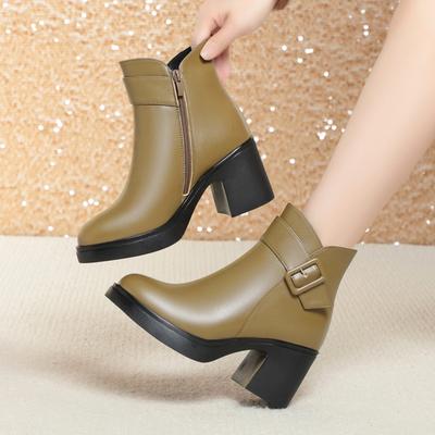 7 см Модные Элегантные Туфли на Высоком Блочном Каблуке Меховые Ботинки Зима 2025 Средний Блочный Каблук Ботинки из Натуральной Кожи Шерстяные Ботильоны