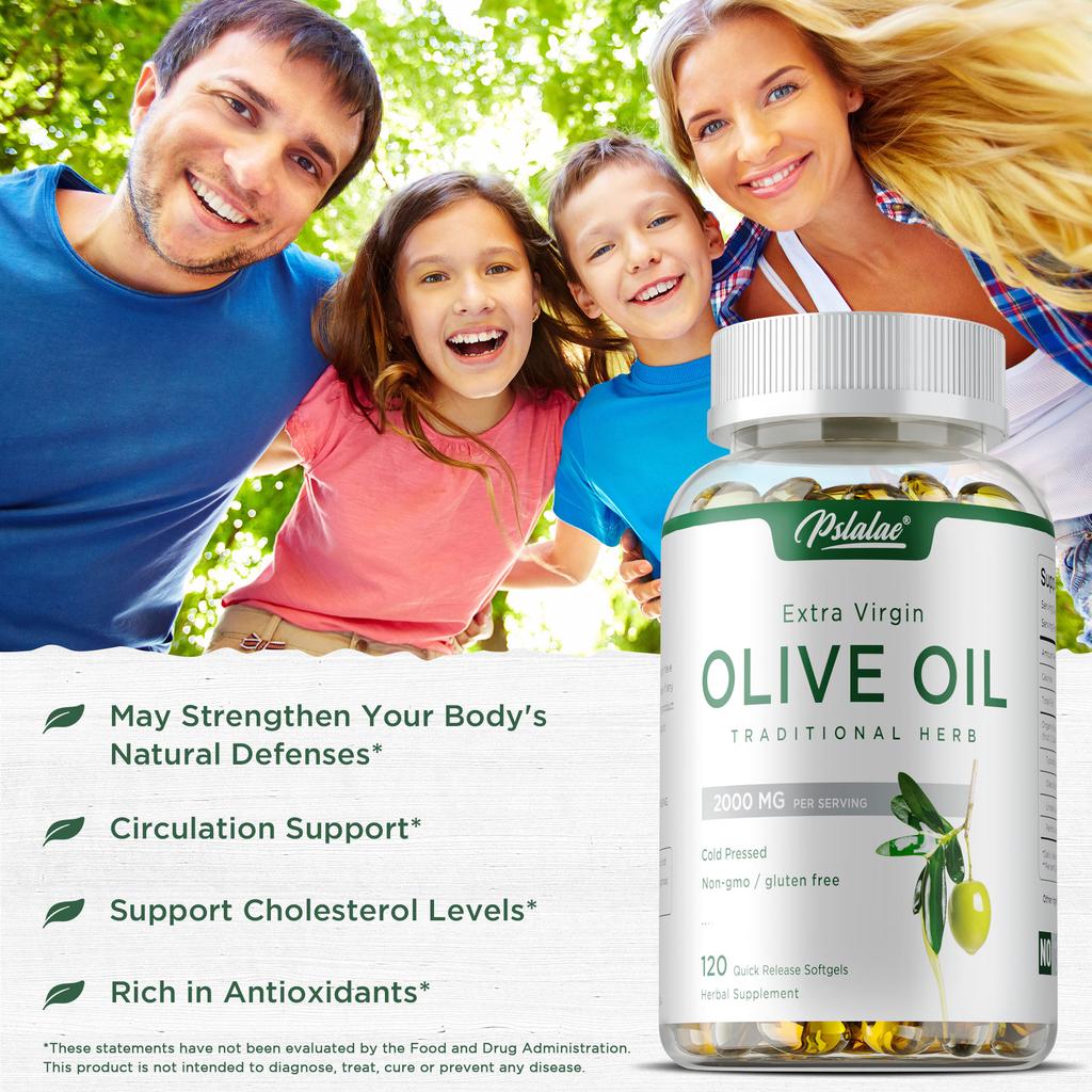 Extra virgin olive oil softgels, 2000 mg, antioxidant support, suitable for both men and women.