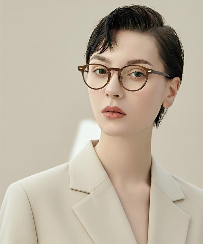 Lingkeonpeuleim Buffalo Horn Round Acetate Eyeglass Frames Brown