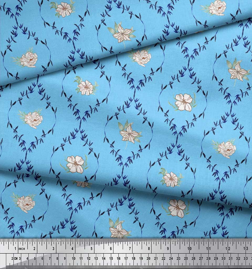 Soimoi Blue Poly Crepe Fabric Azalea & Peony Damask Print Fabric by the metre 42 Inch