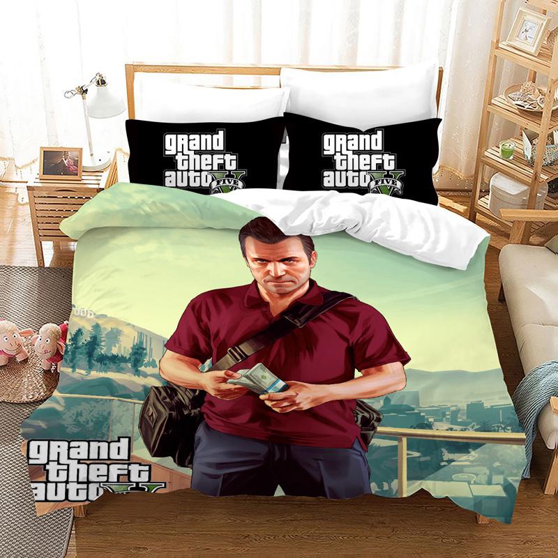 Game GTA V Bedding Set Cartoon Duvet Covers Pillowcase Grand Theft Auto 5 Comforter Bedding Sets Bed Linens Bedclothes(No Sheet)