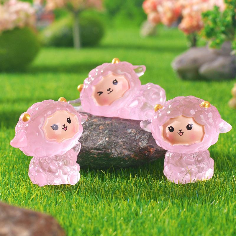 Pink Little Sheep Micro-landscape Cute Animal Little Pink Sheep Glow-in-light Small Ornament Resin Accessory