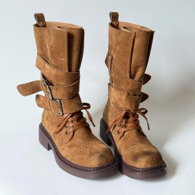 Женские ретро ботинки мартин 2025 года на шнуровке - Толстая подошва, пряжка-ремень, до середины икры, мотоциклетный стиль