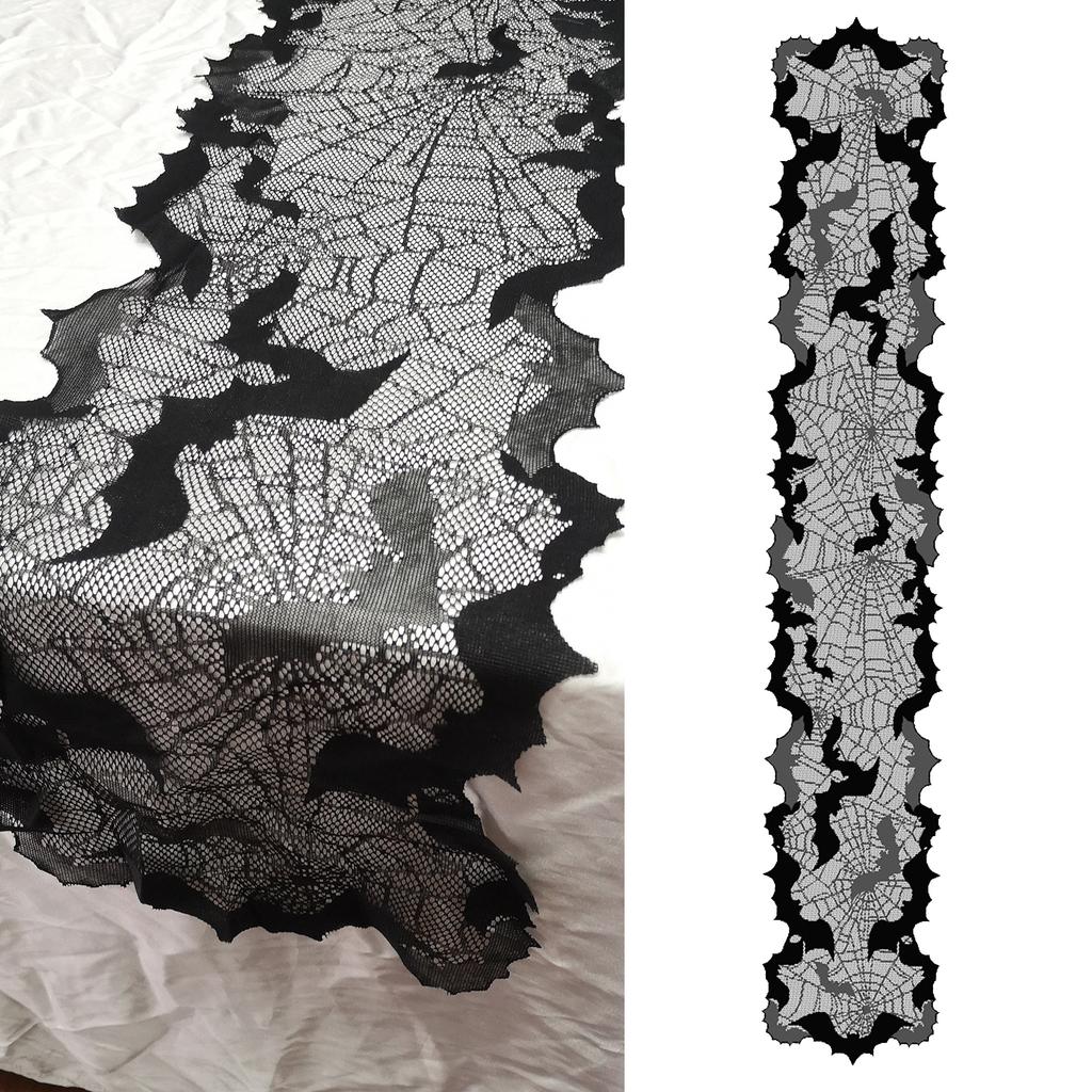 Halloween Table Runner 13x68inch Black Polyester Waterproof Decoration with Spider Web and Bat Design for Dinner Party