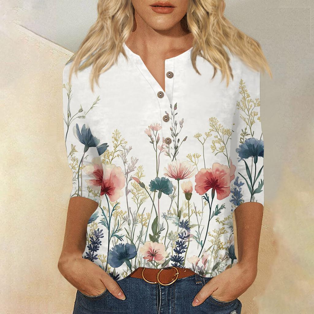 Женский свободный повседневный топ с рукавом семь четвертей и цветочным принтом с круглым вырезом на пуговицах