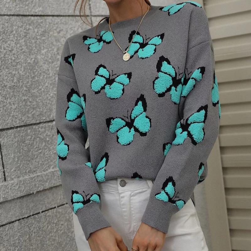 IHUASU Winter Printed Butterfly O-Neck Women's Loose Plus Size Knitwear Pullover Sweater