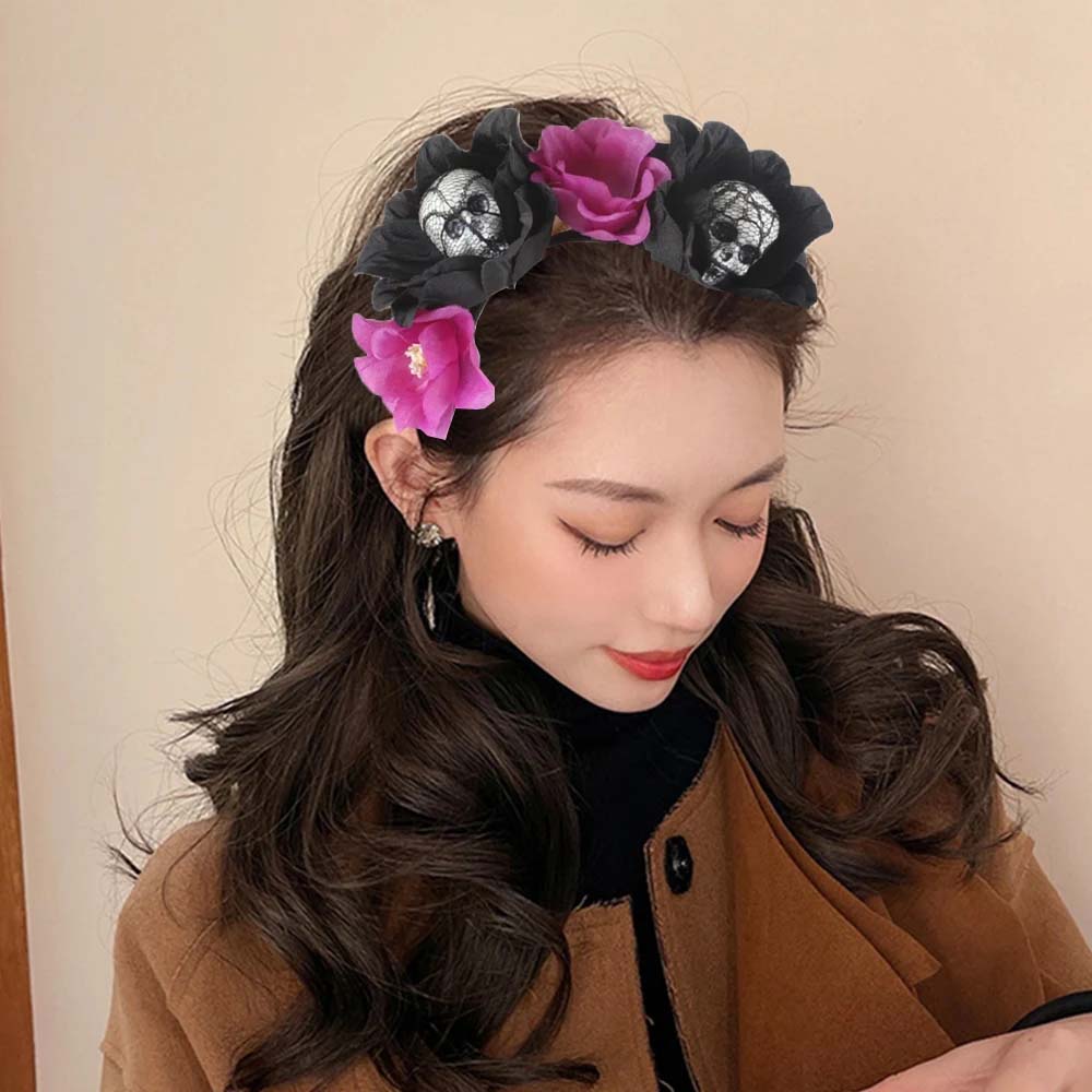 Rose Flower Crown Halloween Skull Hair Hoop Crown Headwear Halloween Flower Hairbands Party Decor