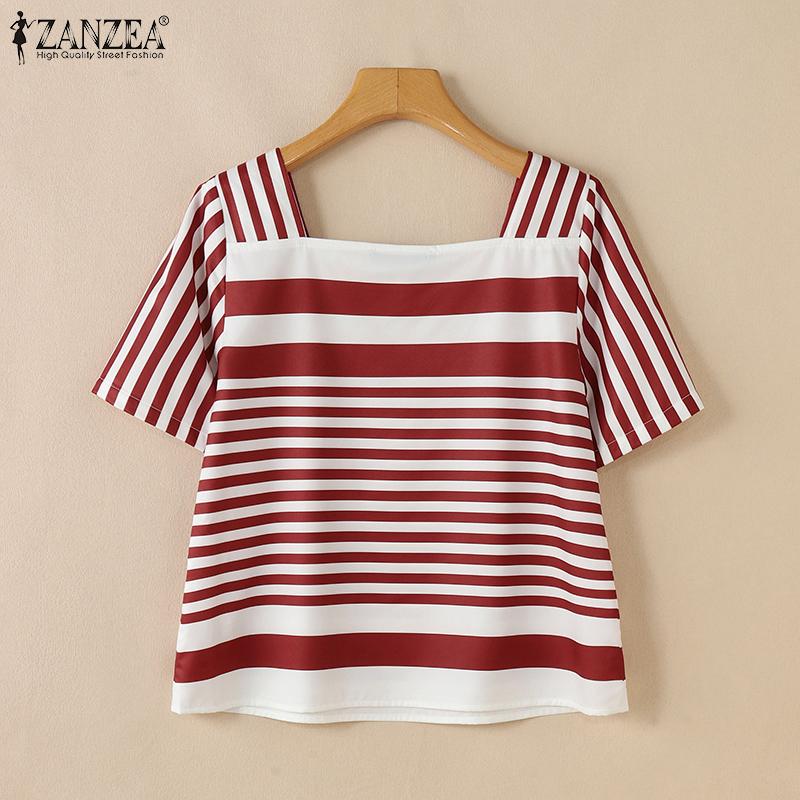 ZANZEA Женская летняя повседневная блузка в полоску с квадратным воротником и коротким рукавом