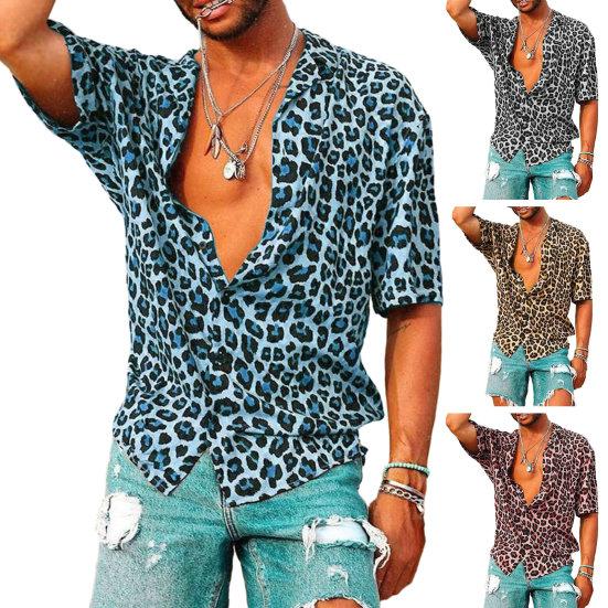 Мужская летняя рубашка с короткими рукавами и лацканами, топ с леопардовым принтом, однобортная тонкая гавайская пляжная повседневная рубашка, уличная одежда