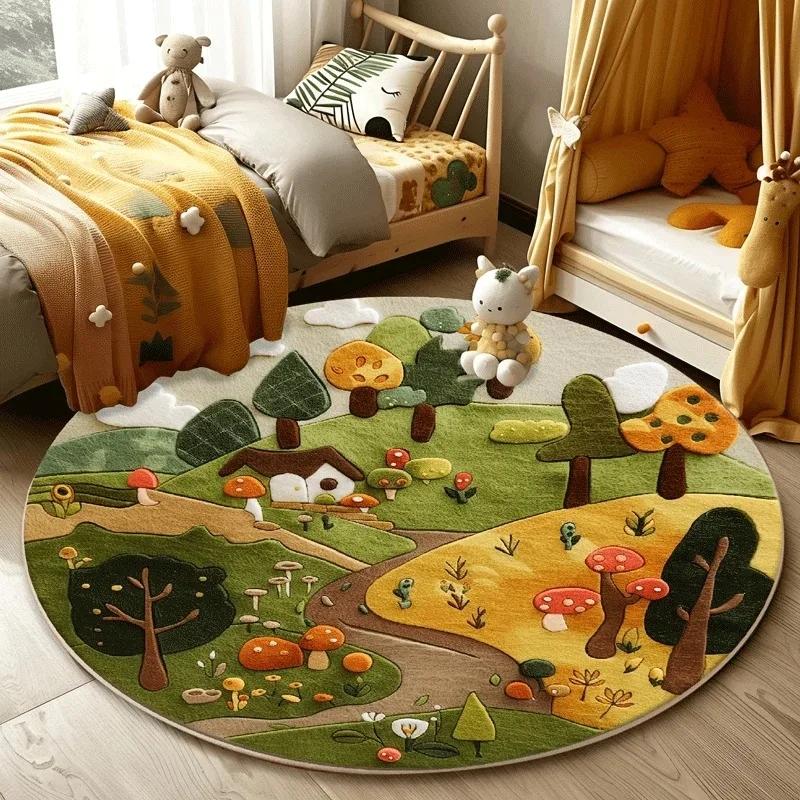 Ковер с лесным узором для гостиной, милый круглый коврик для спальни, декоративный, моющийся, детский напольный коврик, коврик для кабинета, ковры для украшения дома