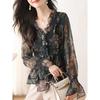 Женская весенняя прозрачная блузка с цветочным принтом, V-образным вырезом, оборками и длинным рукавом