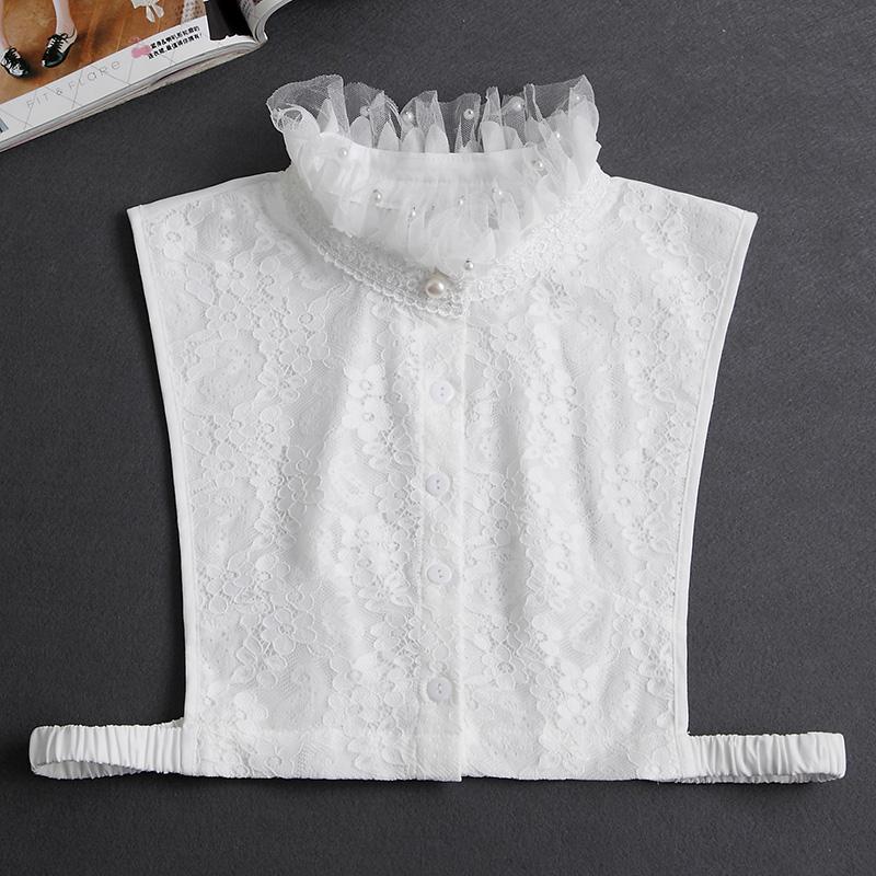 Front Tie White Fake Collar Stand Beads Detachable Collar Fake Women Vintage Crystal Lace Ladies False Blouse Collar Half Shirt