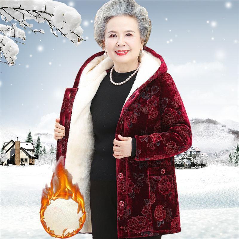 Women Winter Jackets  Middle-Aged Elderly Grandma Cotton Padded Parkas Thicken Warm Hooded Gold Velvet Outewear Female 5XL