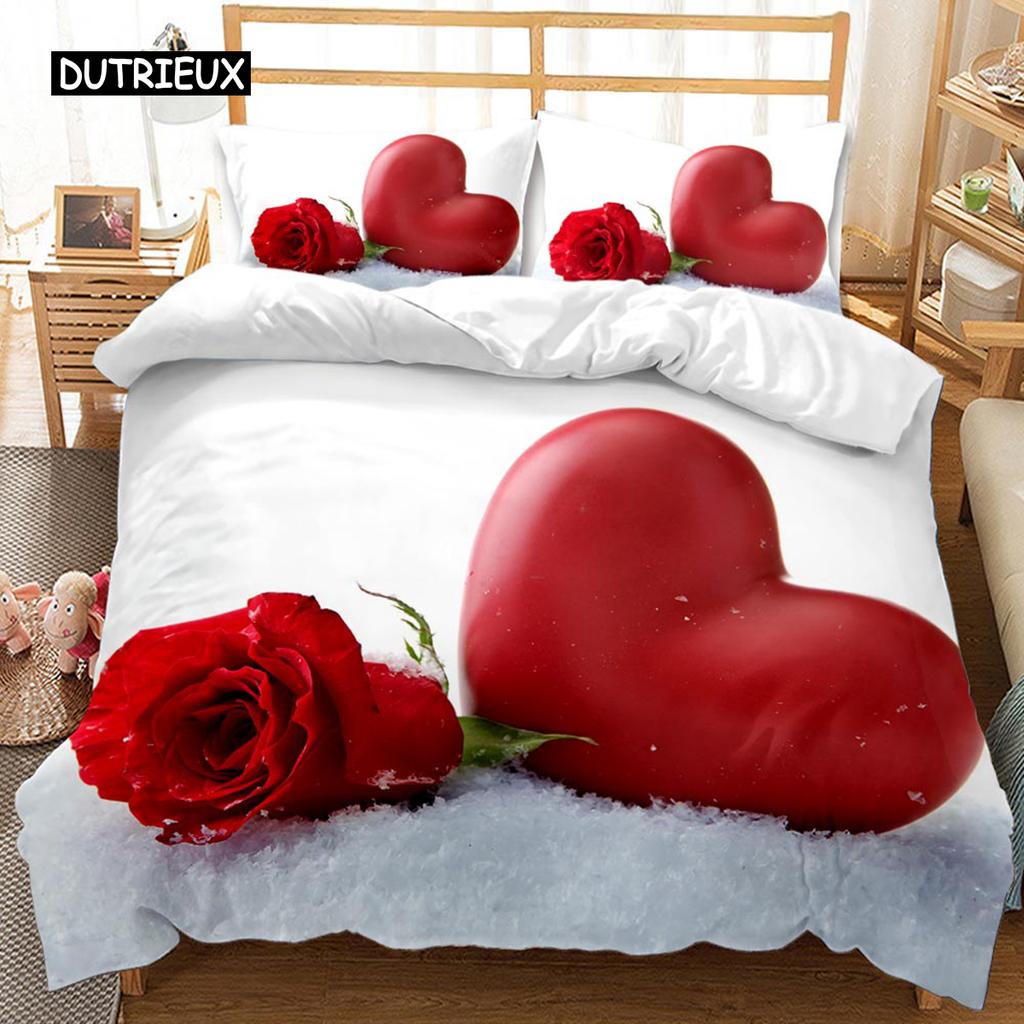 Комплект постельного белья Rose Duvet Set из микрофибры Pink Heart Rose Romantic Flower Tema Комплект постельного белья для влюбленных Double Queen King Size Покрывало для пододеяльника