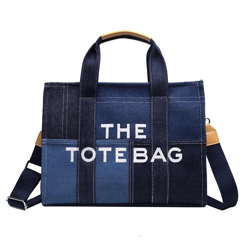 Retro Embroidered Letter Denim Tote with Contrast Stitching