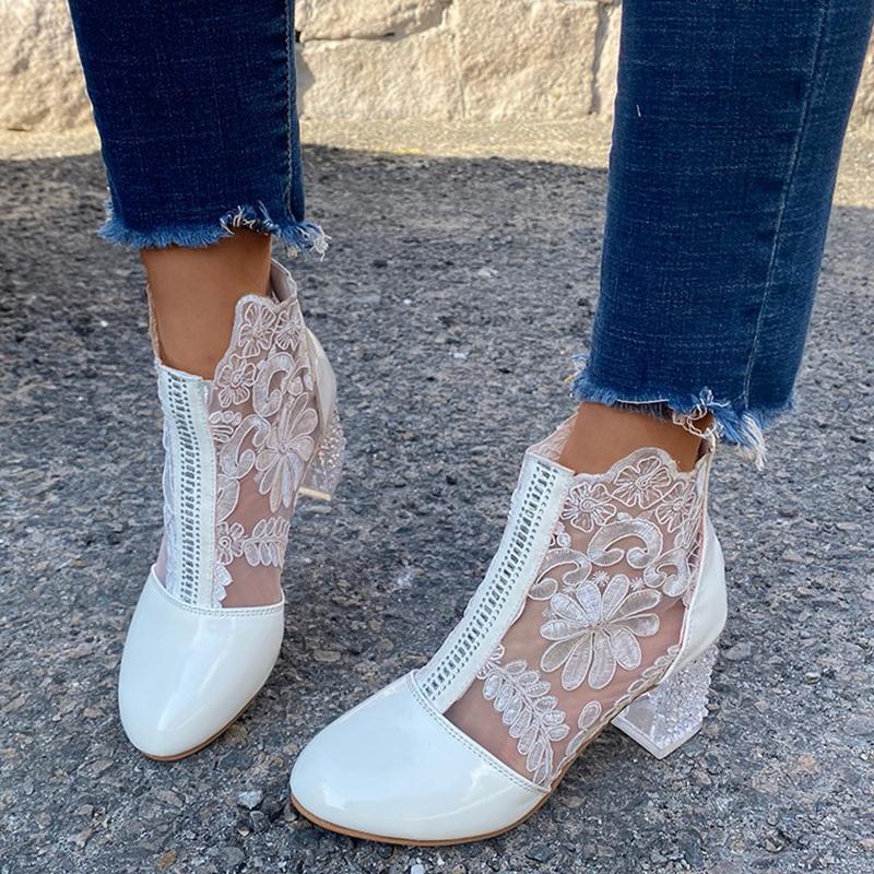 Мода Rimocy Сексуальные Черные Ботильоны с Вышивкой Из Сетчатой Ткани для Женщин Лето 2024 Ботинки На Квадратном Каблуке Женские Белые Короткие Ботинки С Кружевами