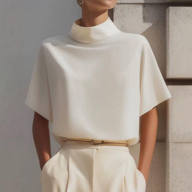 Women S Loose Fit Short Sleeve Stand Collar Solid Color Pullover Shirt