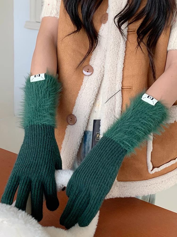 Осень и Зима Дофаминовый Однотонный Теплый Вязаный Варежки с Пятью Пальцами - Универсальные, Милые, Длинный Велосипедный Рукав для Девочек