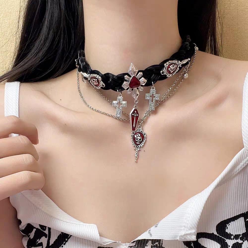 Колье из кожи в стиле Y2K с крестом, красной кисточкой и бусинами, модный Хэллоуинский чокер с черепом, унисекс