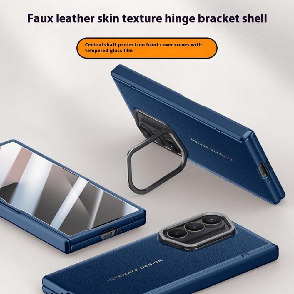 For Samsung Galaxy Z Fold7 5G Case Leather+PC Phone Cover with HD Tempered Glass Film,Lens Kickstand