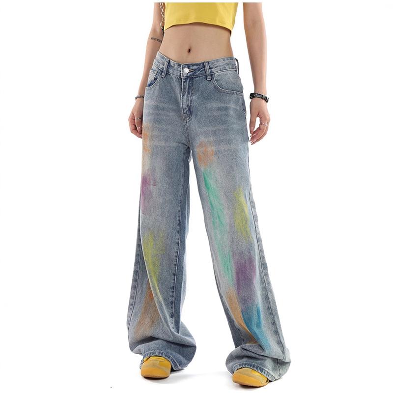 Painted Design Vintage Loose Wide Leg Jeans Women Casual Middle Waist Baggy Straight Denim Pants Spring Autumn Korean Fashion Streetwear