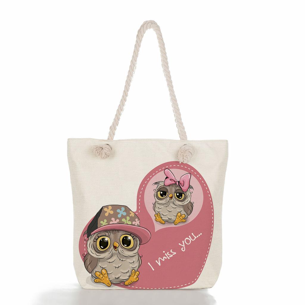 Cute owl print thick rope single-shoulder beach bag 7288 CLE