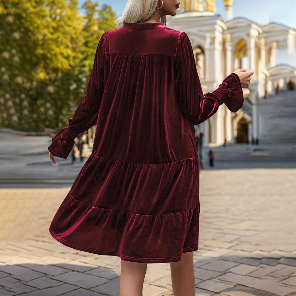 Женское бархатное платье с V-образным вырезом и длинными рукавами, однотонное