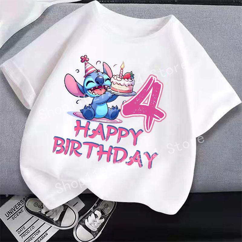 Футболка с номером Stitch, короткий рукав, мультяшный принт, круглый вырез, одежда для девочек, милые хлопковые аниме топы, модные подарки на день рождения