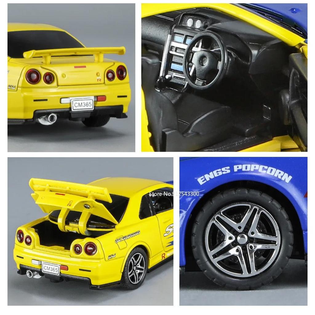 1/32 Nissan GTR R34 Модель автомобиля Игрушки Металлические литые имитационные транспортные средства со светом и инерционными игрушками Коллекция для мальчиков Подарки на праздники