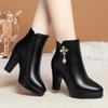 Fashion Women High Heels Soft Leather Ankle Boots Autumn Winter Platform Plush Boots Brand Fashion Point Toe Middle Heel Cotton Shoes