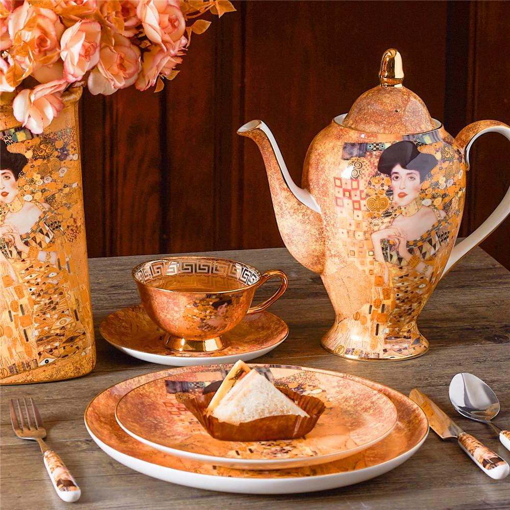 Gustav Klimt Adela Bone China Coffee Servis Роскошный фарфоровый чайный сервиз Чашка с блюдцем Керамический чайник Сливочник Сахарница Молочник Coffeewa