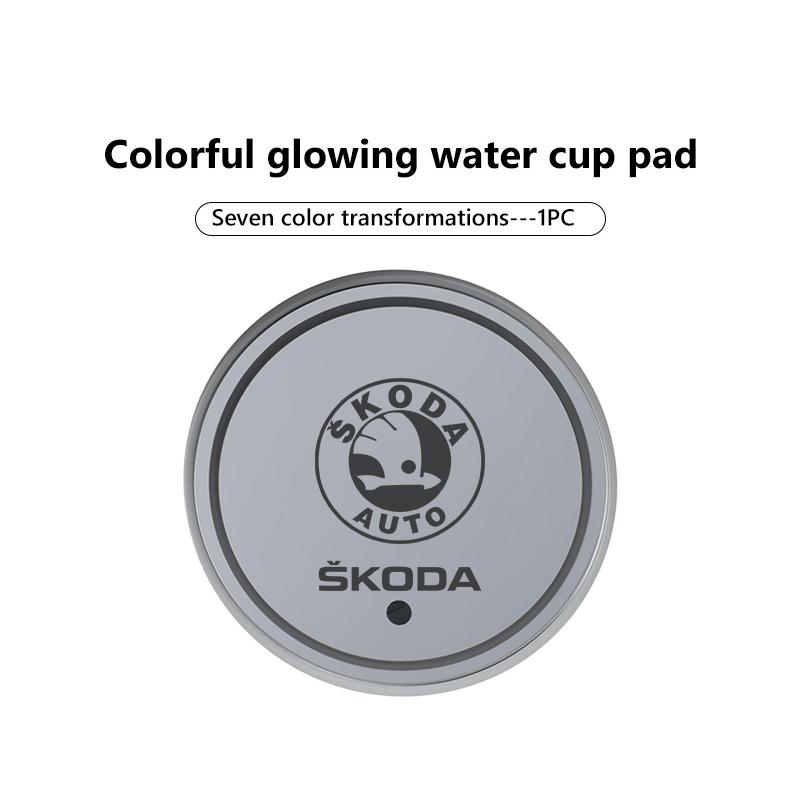 AAABS1 For Skoda Led Car Badge Emblem Drink Cup Holder Logo Light USB Charging Luminous Coaster Kodiaq Octavia 2 3 Rapid Karoq Fabia