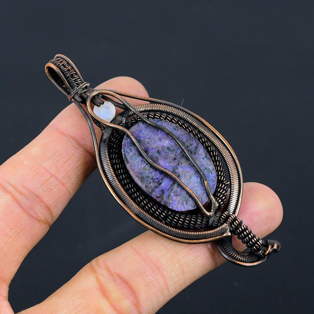 Russian Charoite, Moonstone Gemstone Pure Copper Wire Wrapped Designer Handmade Pendant Jewelry For Gift