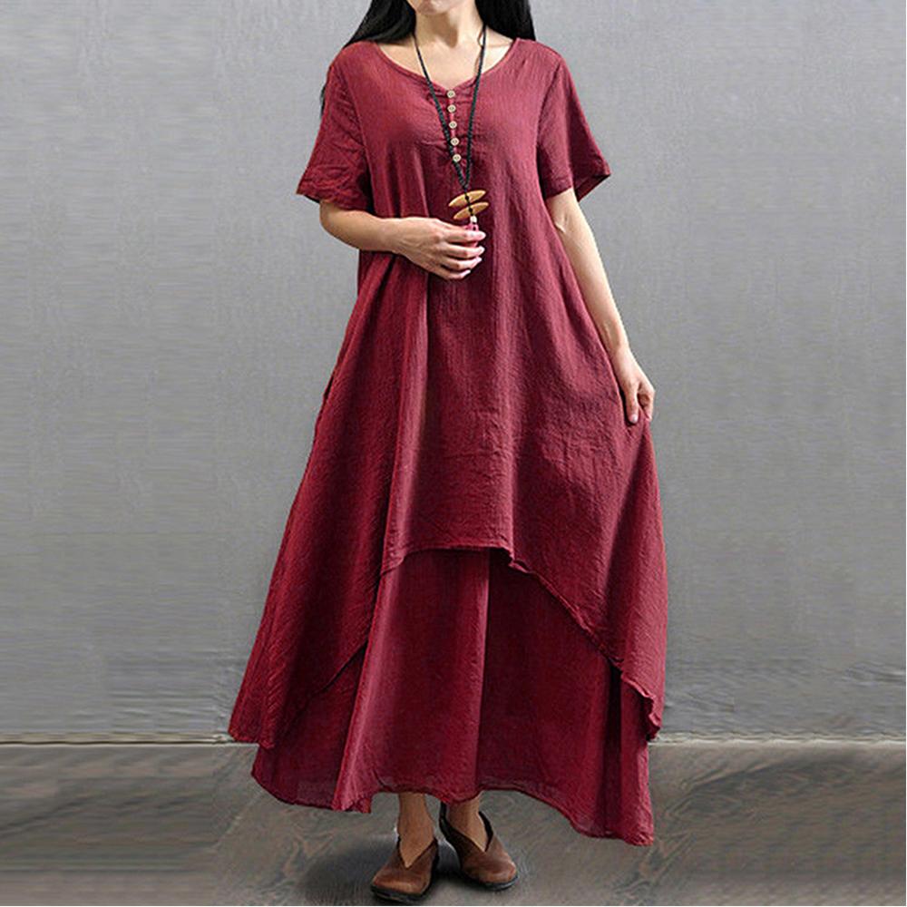 Новое модное женское повседневное свободное платье сплошного цвета с коротким рукавом в стиле бохо летнее длинное платье макси