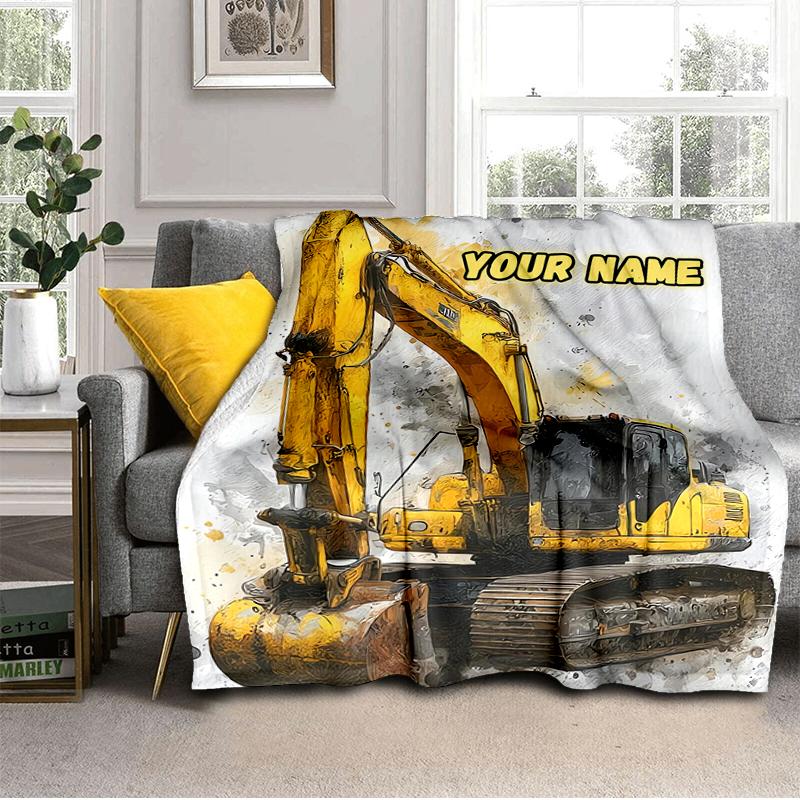 1PC Custom Name Excavator Art Card flannel blanket versatile,all-season throw suitable for the living room,bedroom,camping,travel,and gift