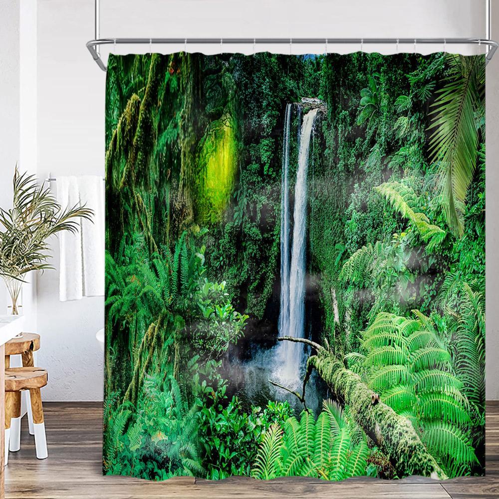 Natural Landscape Waterfall Forest Shower Curtain Scenery Green Leaves Plants Bathroom Decor Polyester Bath Curtain for Home