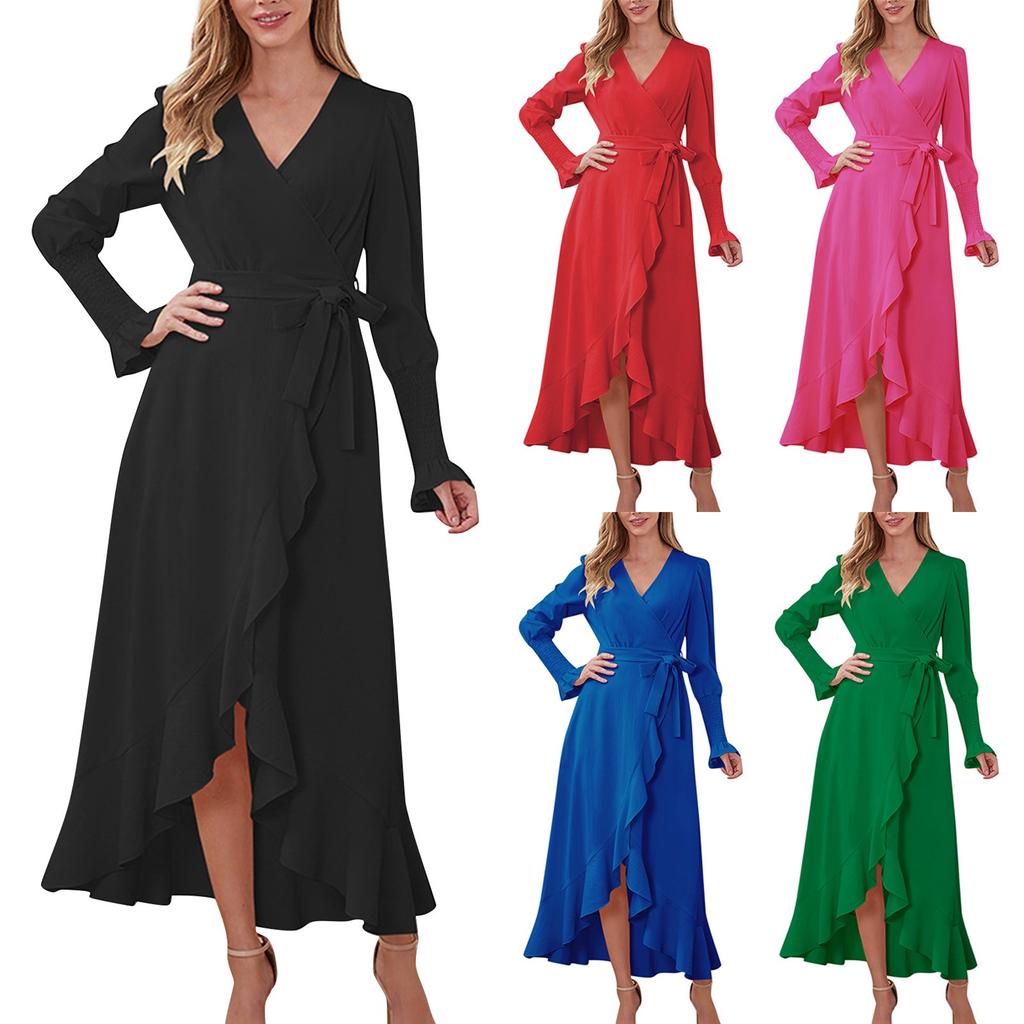 Women's Long Sleeved Solid Color High Round Large Swing Dress Slim Fit Long Dress