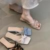 Fashion Women's Low-heeled Sandals Fashion Square Head Open-toed Hollowed Fabric Butterfly Knot Non-slip Square Heels