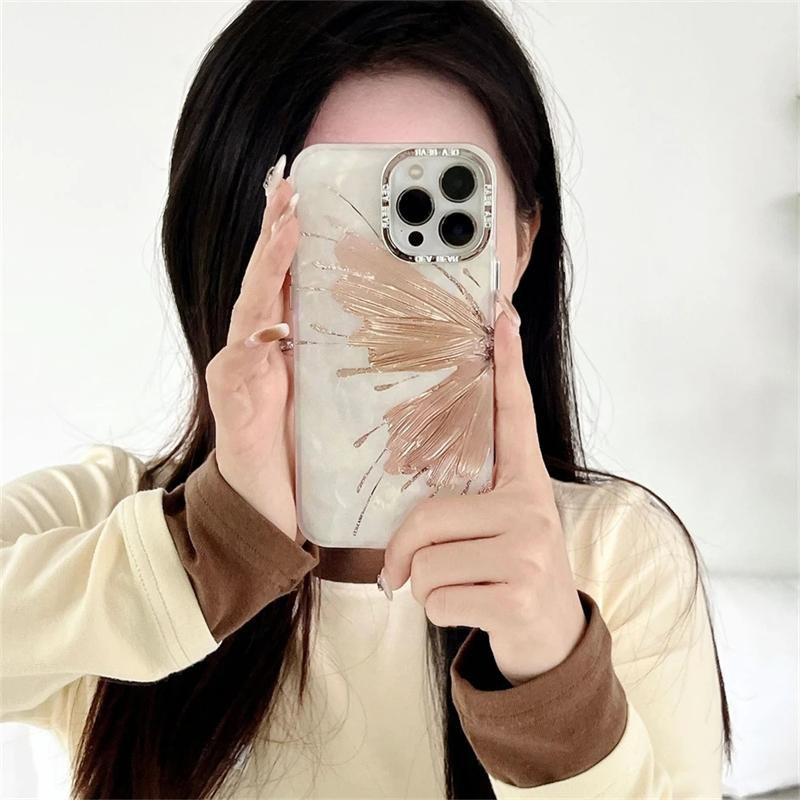 Роскошный корейский чехол для телефона с блестящим узором в виде ракушки бабочки для iPhone 15 14 13 12 Pro Max 11, защитный бампер для объектива
