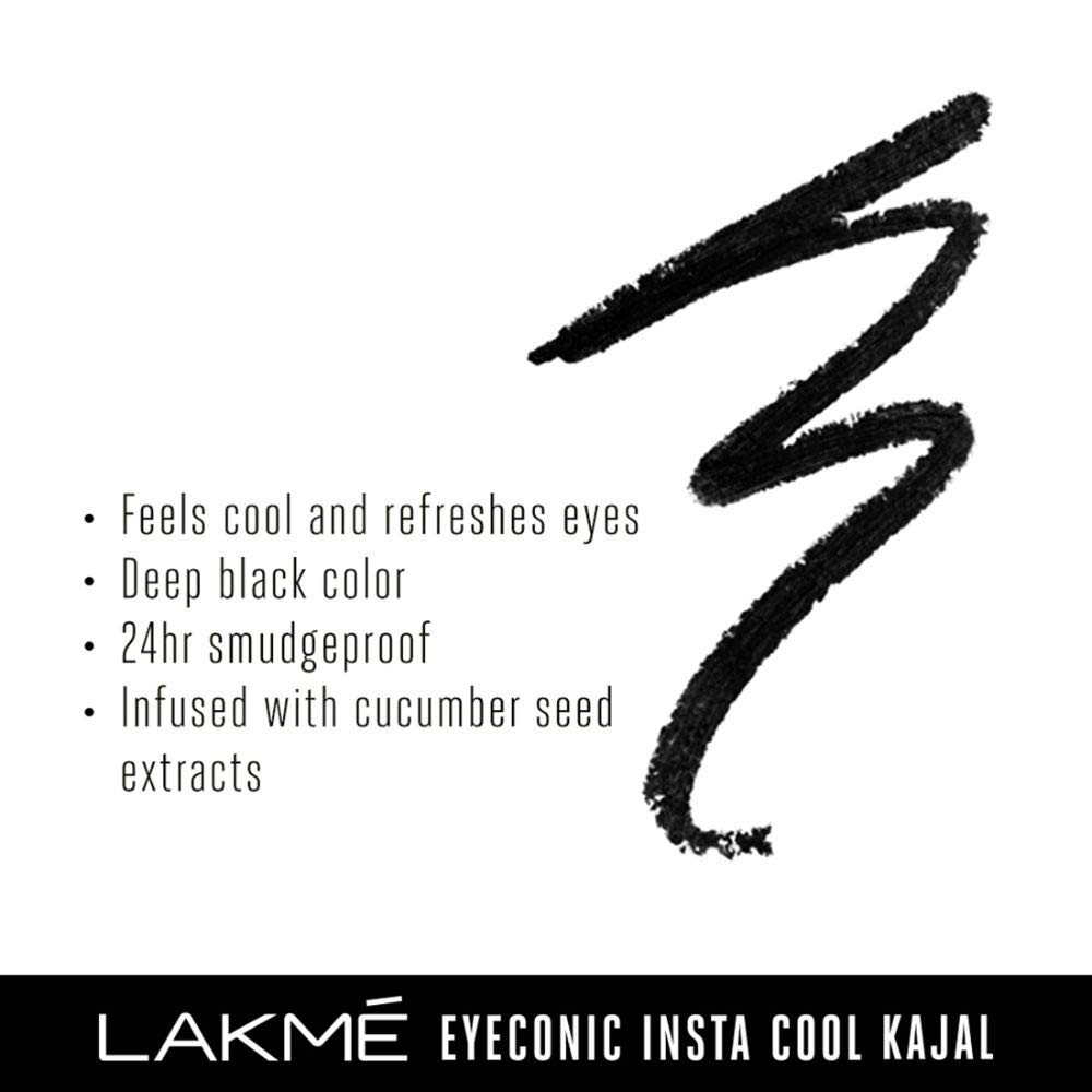 LAKME Eyeconic Insta Cool Kajal, черный, охлаждающий карандаш с огурцом, закручивающийся карандаш — водостойкий, устойчивый к размазыванию и стойкий макияж глаз, 0,35 г
