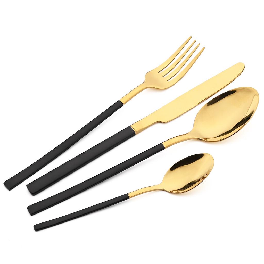 Western 24Pcs Black Gold Dinnerware Set Luxury Knives Fork Tea Spoon Cutlery Set Stainless Steel Flatware Tableware Kitchen Silverware