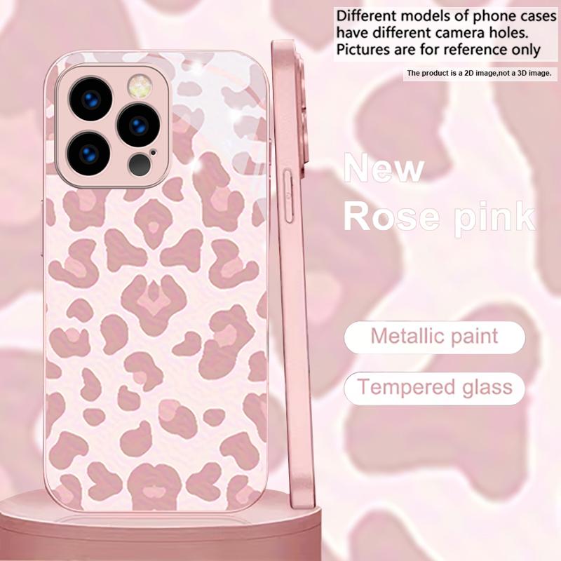 Cute Aesthetic Leopard Pink Metallic Glass Phone Case For iPhone 11 12 13 14 15 16 17 Pro Max Plus 17Air 16E 7 8 Xr XsMAX Cover