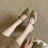 Cashmere splicing square head thick heel single shoes women's middle heel soft leather one-word buckle Mary Jane shoes spring and autumn