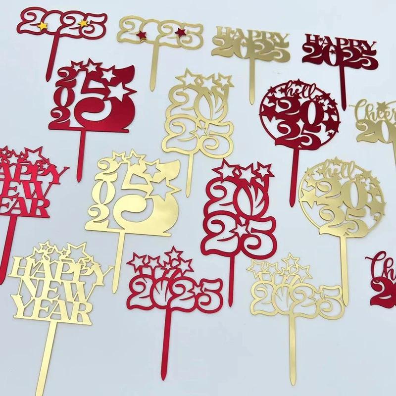 10 шт. Топперы для торта С Новым годом, счастливой вечеринкой 2025, Креативные красно-золотые флажки для торта, Семейная новогодняя вечеринка, Десерт, Украшение для выпечки, Подарки