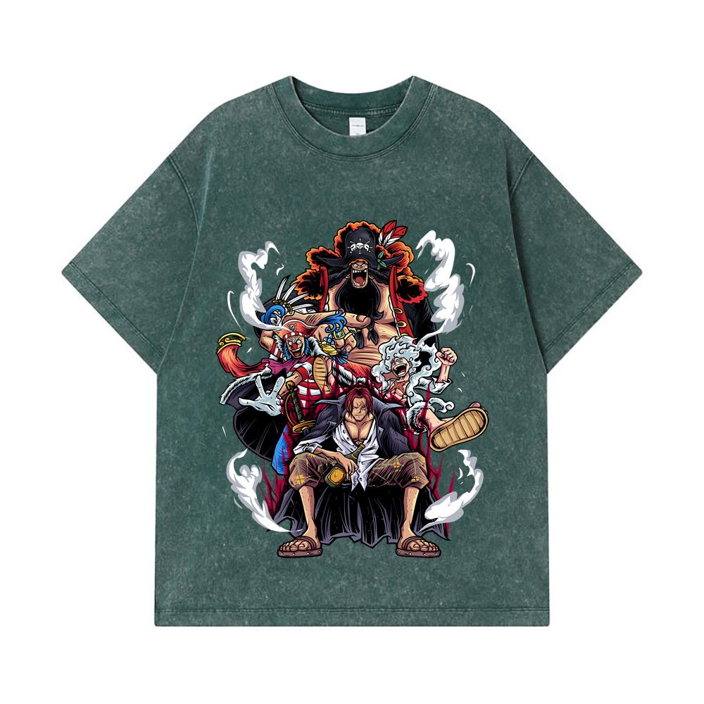 Стиранные футболки 275 г/м² 100% Хлопок One Piece V4 Печать Императоров Унисекс Тяжелая Хлопковая Футболка