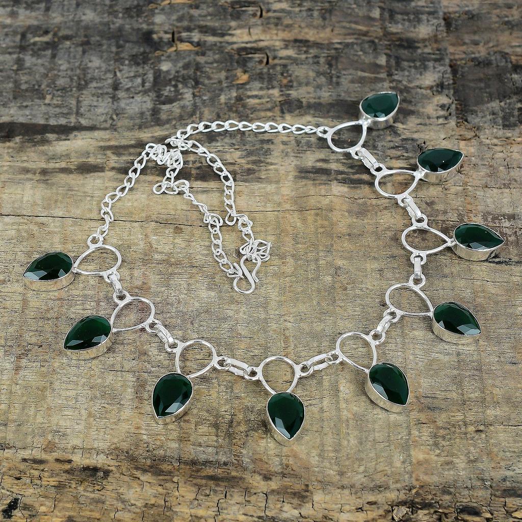 Emerald Silver Necklace, Green Color Necklace, Gemstone Necklace, 925 Sterling Silver Jewelry, 925 Silver Crystal Dainty Necklace For Her