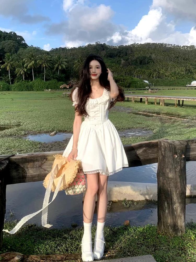 Белое милое элегантное короткое вечернее платье, женское повседневное корейское модное платье с коротким рукавом, кавайное кружевное платье, новинка лета 2024 года