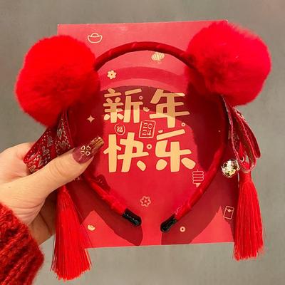 Красная повязка на голову Новогодняя повязка для волос Кисточка Помпон Красный бант Ободок Цветок Новогодний головной убор Головной убор в китайском стиле Девочка