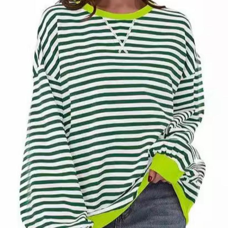 Футболка осень-зима в минималистичном стиле для дома, повседневная, с полосатым узором, женская, с круглым вырезом, длинными рукавами, футболка с цветными блоками